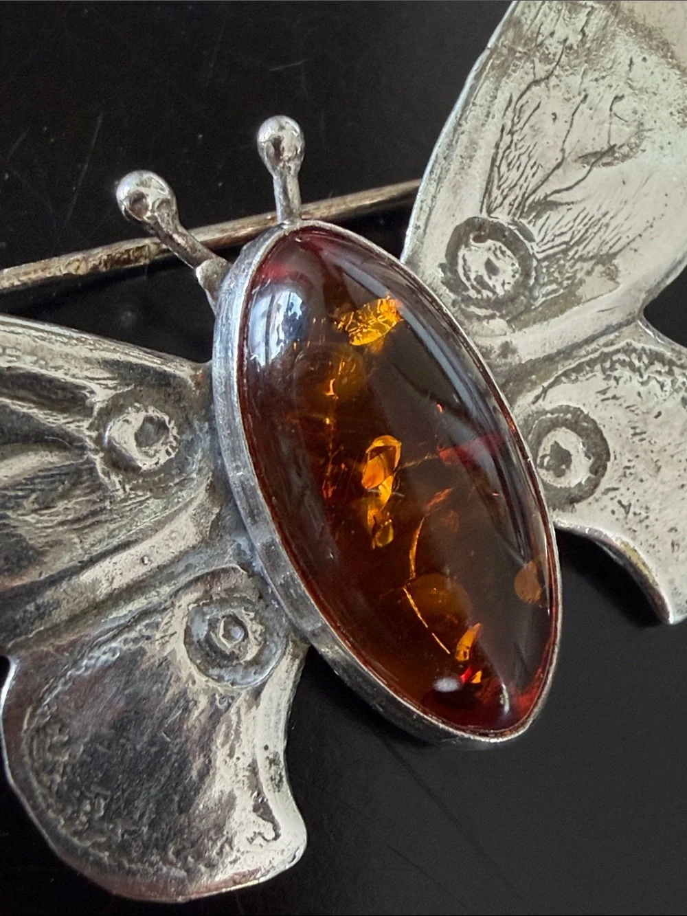 Vintage Amber Silver Moth Butterfly Pin